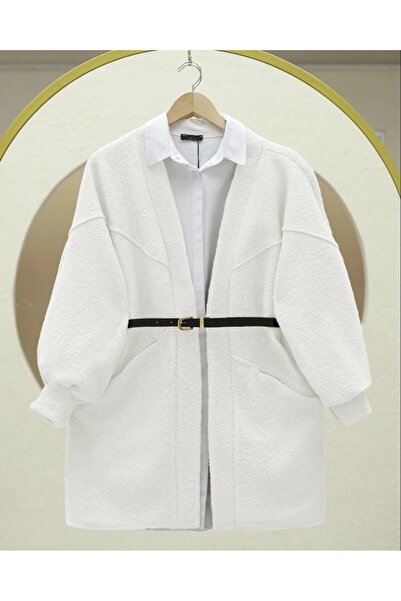 Modamorfo سترة قصة فضفاضة بوكلت بأكمام بالون مع جيوب - أبيض