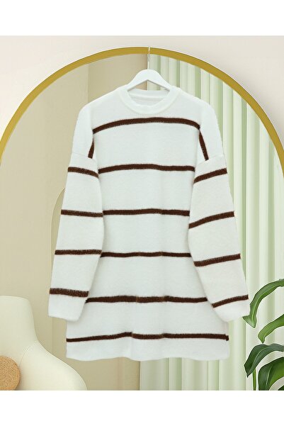 Modamorfo Striped Casual Bearded Knitwear Tunic -White