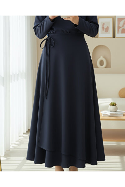 Modamorfo Layered Zippered Scuba Skirt with Side Tie Detail - Navy