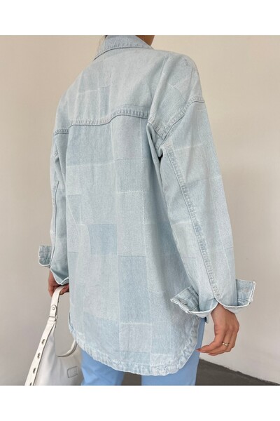 Modamorfo Ice Blue Long Patterned Buttoned Denim Jacket