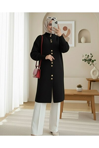 Modamorfo Buttoned Front Long Bearded Soft Cardigan -Black