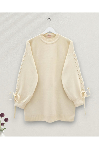 Modamorfo Πλεκτό πουλόβερ με στρογγυλή λαιμόκοψη και λεπτομέρεια πλεξίματος - Κρεμ