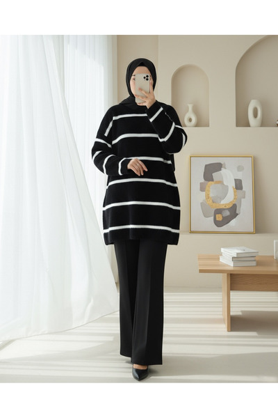 Modamorfo Striped Casual Bearded Knitwear Tunic -Black