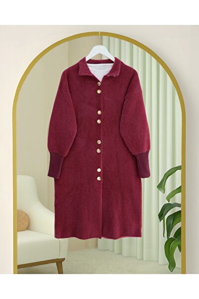 Modamorfo Soft Cardigan with Long Beard and Buttons on the Front -Burgundy