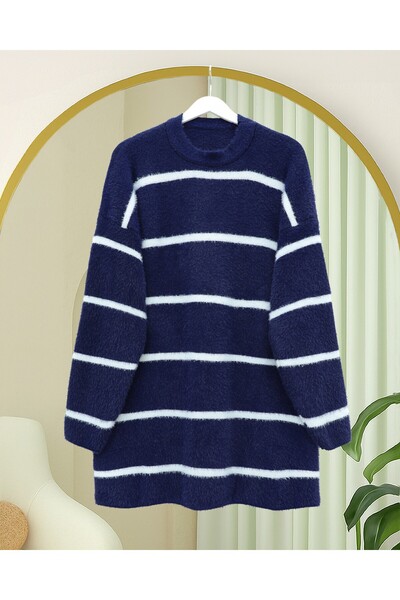 Modamorfo Striped Casual Bearded Knitwear Tunic - Navy