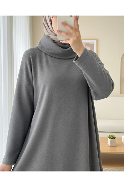 Modamorfo Turtleneck Slit Ribbed Knit Tunic -Gray