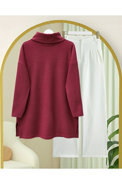 Modamorfo Turtleneck Slit Ribbed Knit Tunic -Burgundy