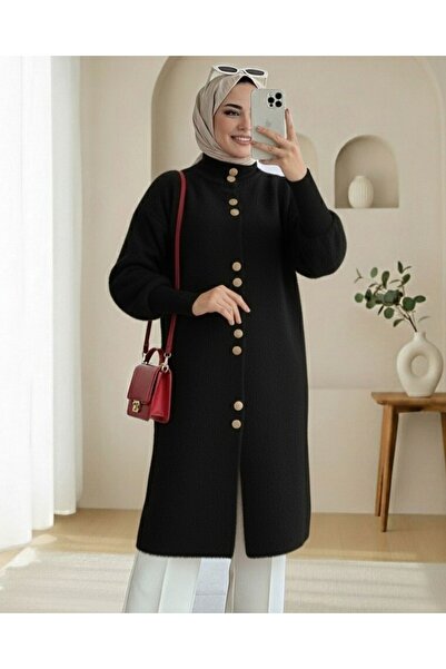 Modamorfo Buttoned Front Long Bearded Soft Cardigan -Black