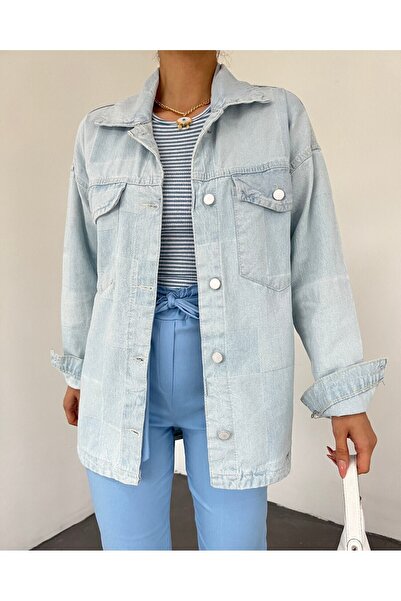 Modamorfo Ice Blue Long Patterned Buttoned Denim Jacket
