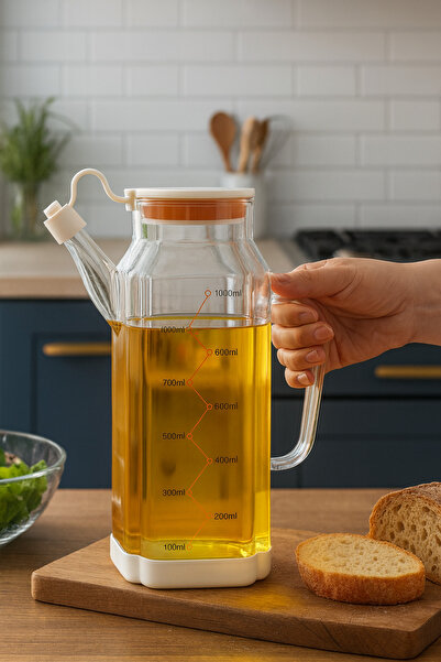 Kezze Modern Tasarım Şeffaf Cam Yağlık 1000ml-Ölçülü Sızdırmaz Kapaklı Kaymaz Silikon Taban