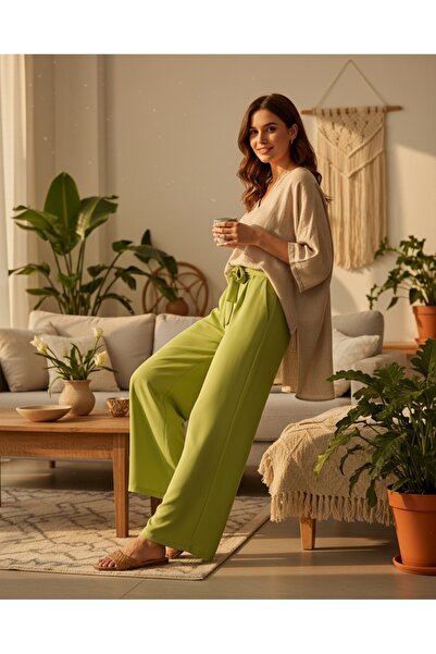 Modamorfo Double Wide Leg Trousers with Lace Waist