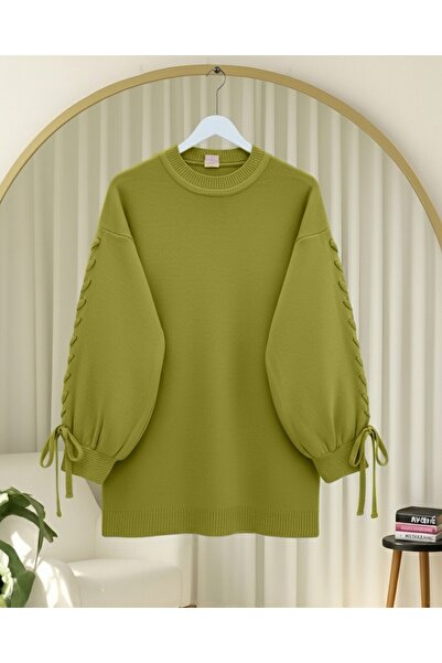 Modamorfo Round Neck Sleeve Knit Detailed Sweater - Oil Green