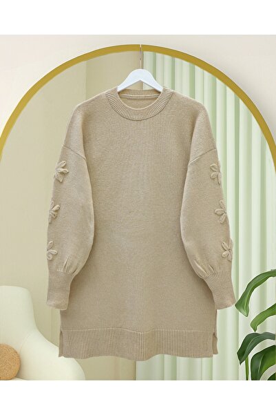 Modamorfo Round Neck Soft Knit Sweater with Handle Flower Detail - Light Mink