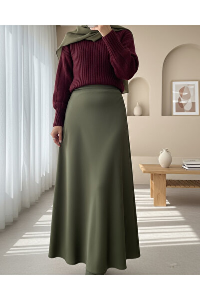 Modamorfo Elastic Waist Satin Skirt - Khaki