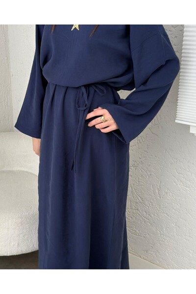 Modamorfo Λινό φόρεμα με δεμένη μέση και φερμουάρ στην πλάτη - Ναυτικό