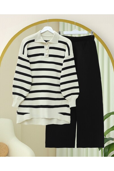 Modamorfo Polo Neck Buttoned Striped Knitwear Set -Black