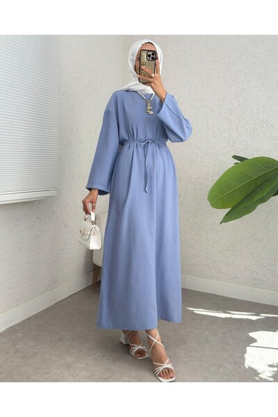 Modamorfo Λινό φόρεμα με δεμένη μέση και φερμουάρ στην πλάτη - Μπλε