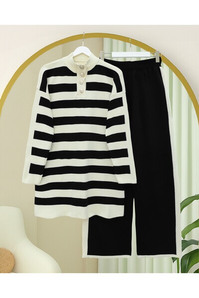 Modamorfo Half Turtleneck Buttoned Thick Striped Knitwear Set - Black