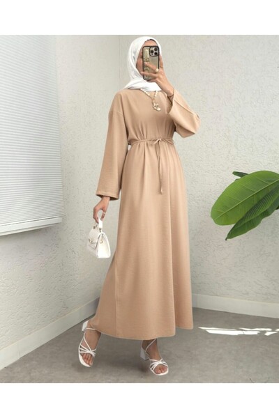 Modamorfo Λινό φόρεμα με δεμένη μέση και φερμουάρ στην πλάτη - Μπεζ