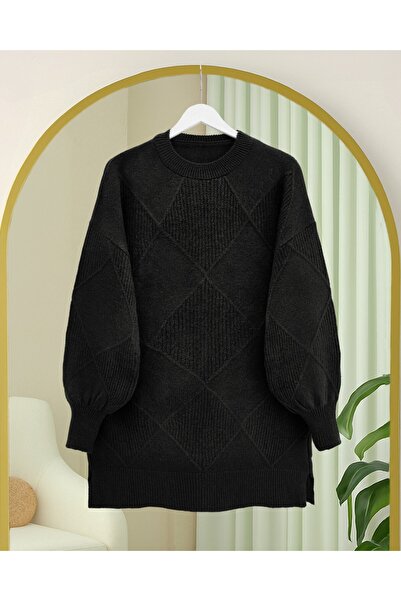 Modamorfo Round Neck Diamond Pattern Slit Knit Sweater -Black