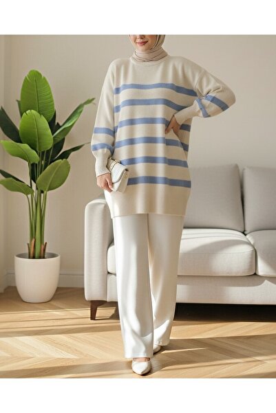 Modamorfo Yuvarlak Yaka Yırtmaçlı Triko Tunik -Mavi