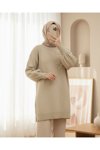 Modamorfo Floral Patterned Stoned Soft Knit Sweater - Light Mink