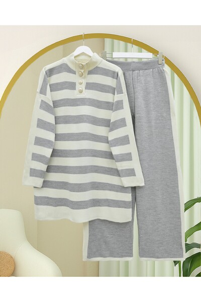 Modamorfo Half Turtleneck Buttoned Thick Striped Knitwear Set - Gray