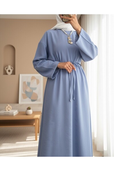 Modamorfo Λινό φόρεμα με δεμένη μέση και φερμουάρ στην πλάτη - Μπλε