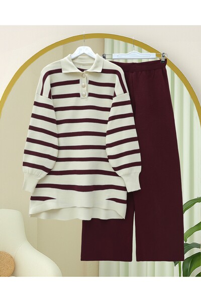 Modamorfo Polo Neck Buttoned Striped Knitwear Set - Burgundy