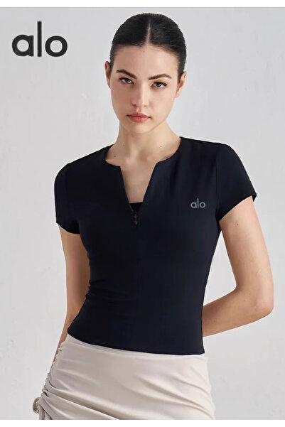 Alo Lady Sports Short Sleeve - Pilates Training - Women's Yoga Quick Dry T-Shirt (Black)