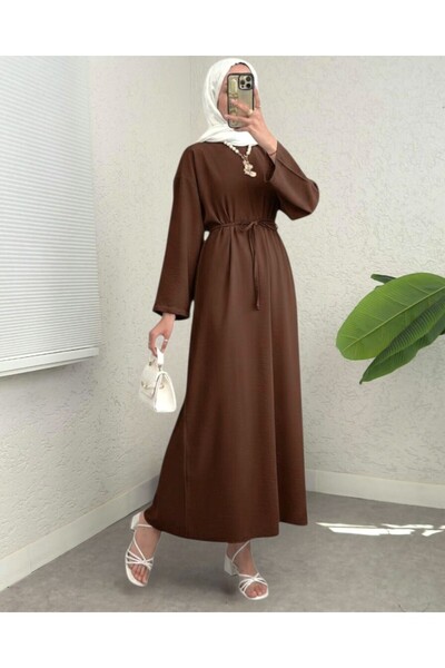 Modamorfo Λινό φόρεμα με δεμένη μέση και φερμουάρ στην πλάτη - Καφέ