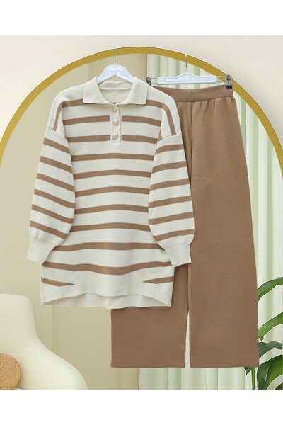 Modamorfo Polo Neck Buttoned Striped Knitwear Set - Tan