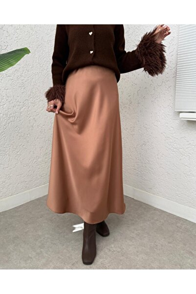 Modamorfo Elastic Waist Satin Skirt - Cinnamon