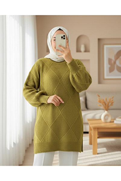 Modamorfo Round Neck Diamond Pattern Slit Knit Sweater - Oil Green