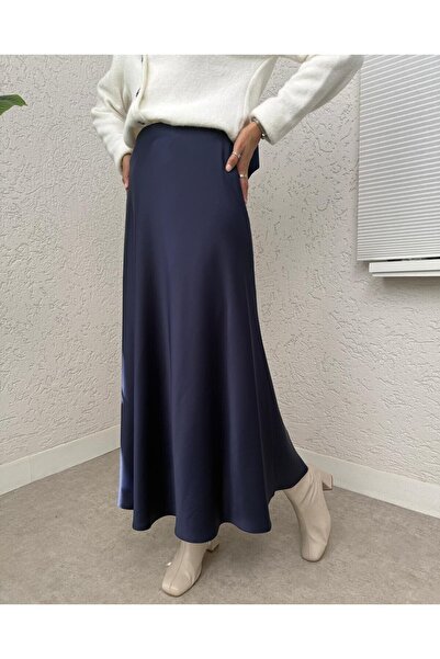 Modamorfo Elastic Waist Satin Skirt - Navy