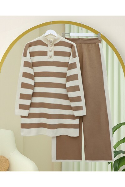 Modamorfo Half Turtleneck Buttoned Thick Striped Knitwear Set - Mink