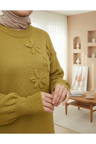 Modamorfo Floral Patterned Stoned Soft Knit Sweater - Oil Green