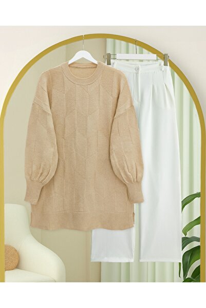 Modamorfo Round Neck Casual Patterned Knitwear Sweater - Light Mink