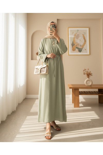 Modamorfo Λινό φόρεμα με δεμένη μέση και φερμουάρ στην πλάτη -Çagla Y.