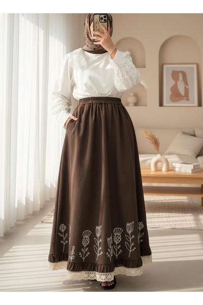 Modamorfo Lace Embroidered Elastic Waist Skirt - Brown