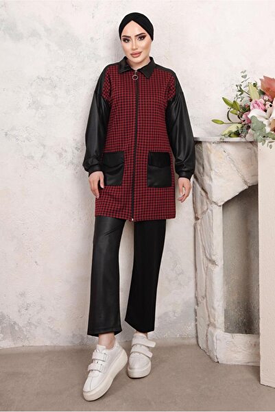 TRENDTESETTÜR Women's Claret Red Crow Patterned Trousers Suit T 3243