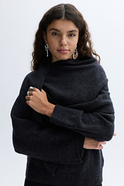 Mudo Loose Fit Shawl Neck Wool Blend Sweater