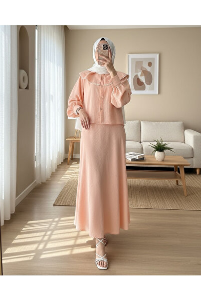 Modamorfo Lace Lettuce Collar Pure Linen Skirt Set - Baby Pink