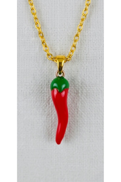 Daynav Kırmızı Biber Kolye Mine Detaylı Cornicello Şans Gold Rengi Çelik Zinc...