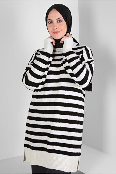 TRENDTESETTÜR KADIN SİYAH (SİYAH-BEYAZ) ÇİZGİLİ TRİKO TUNİK T 4608