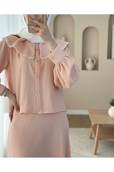 Modamorfo Lace Lettuce Collar Pure Linen Skirt Set - Baby Pink