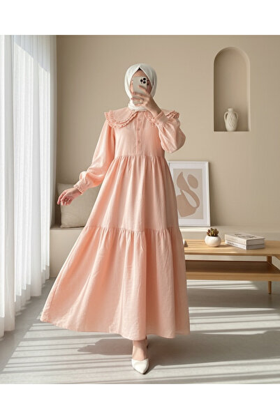 Modamorfo στρογγυλός γιακάς Φόρεμα από εισαγόμενο λινό με βολάν -Yavruağzı