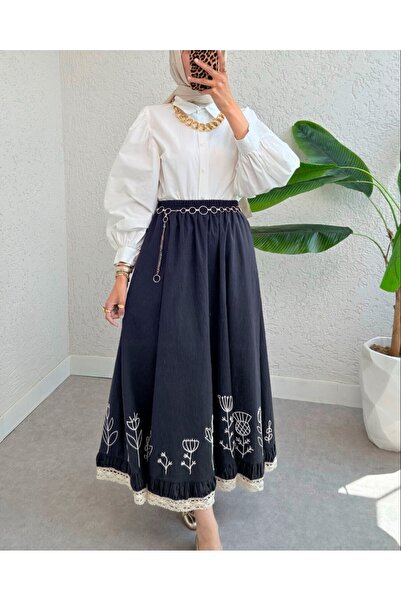 Modamorfo Lace Embroidered Elastic Waist Skirt - Navy