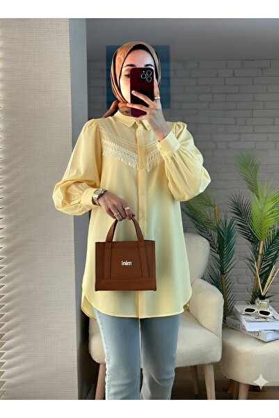 Modamorfo Guipure Tasseled Raw Linen Balloon Sleeve Shirt - Light Yellow