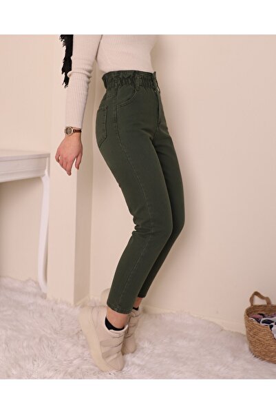 Modamorfo Khaki Jeans with High Waist and Elastic Waist